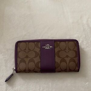 Coach Signature Brown and Purple Zip Wallet